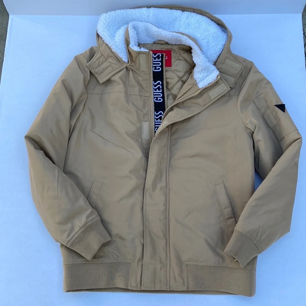 New GUESS Men's Fargo Winter Shearling-Trim Hooded Jacket SZ M